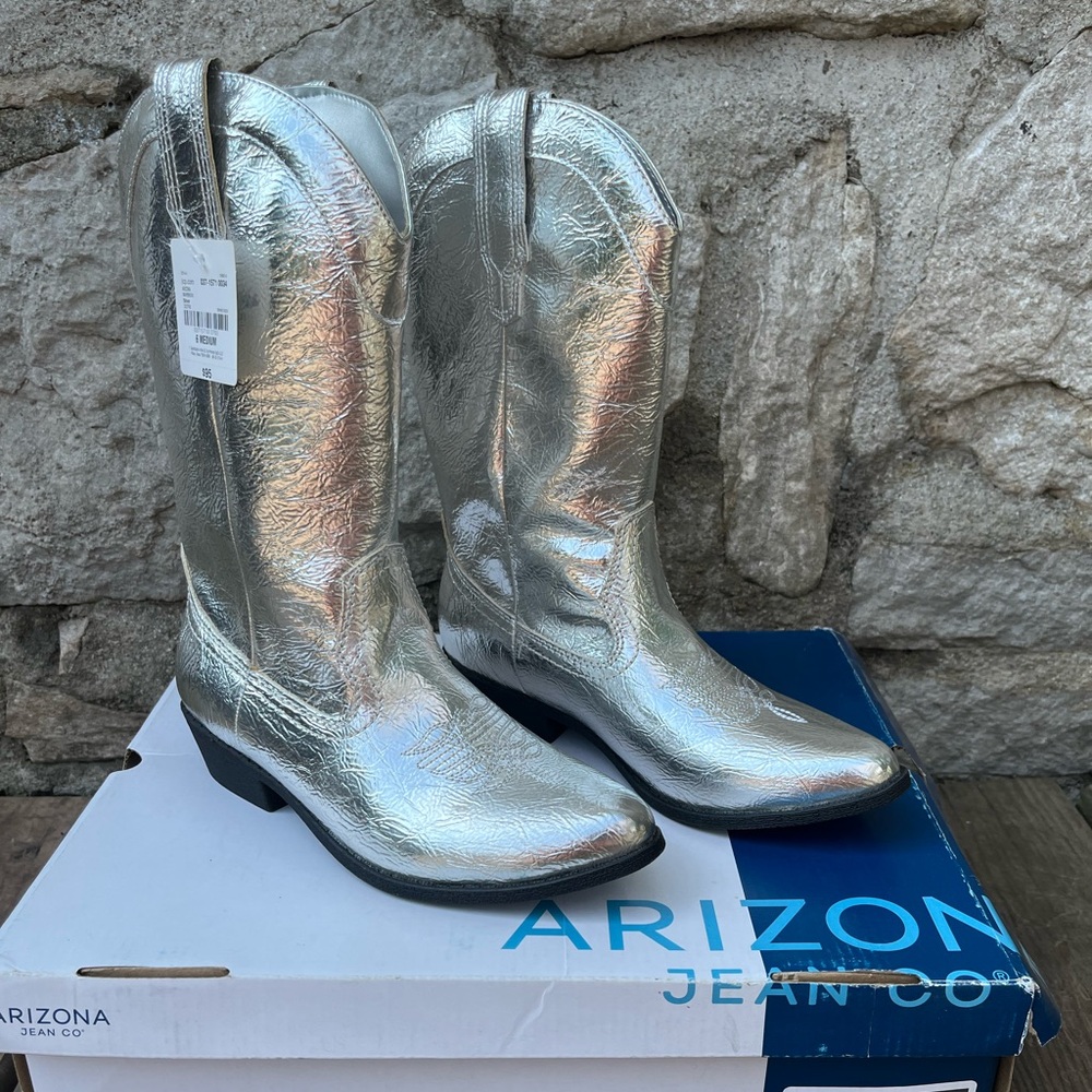Arizona Jean Co Maybrook Silver Metallic Cowboy Boots Womens Sz 6